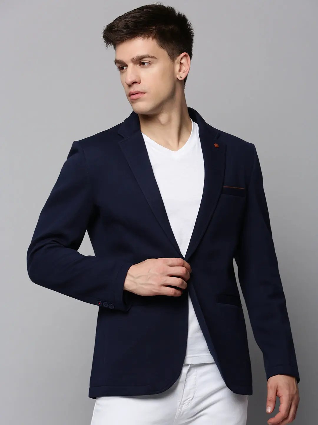 Men's Navy Blue Dobby Notched Lapel Open-Front Blazer