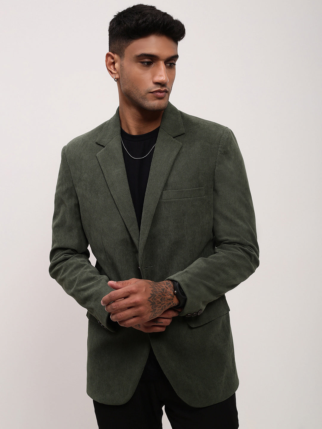 Men's Green Solid Single Breasted Slim-Fit Blazer