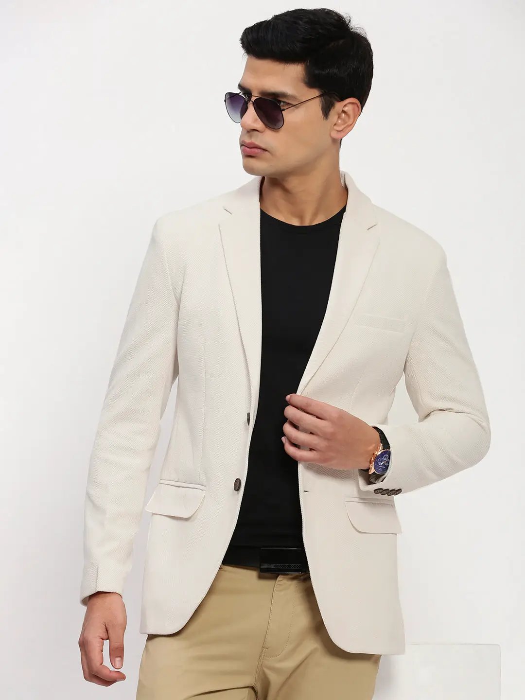 Men's Cream Solid Single Breasted Blazer