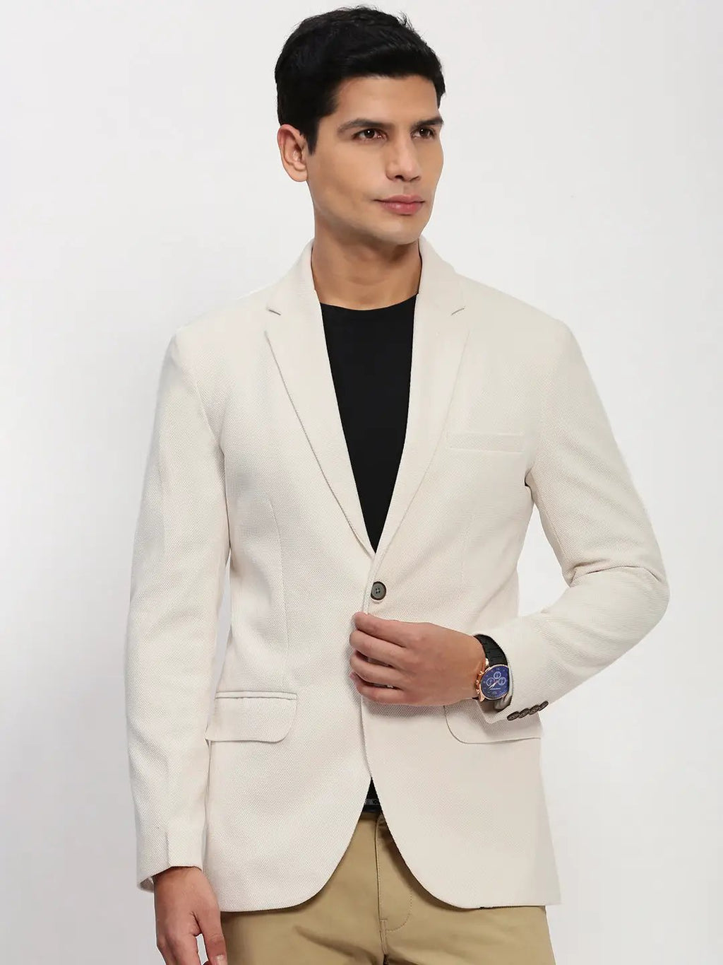 Men's Cream Solid Single Breasted Blazer