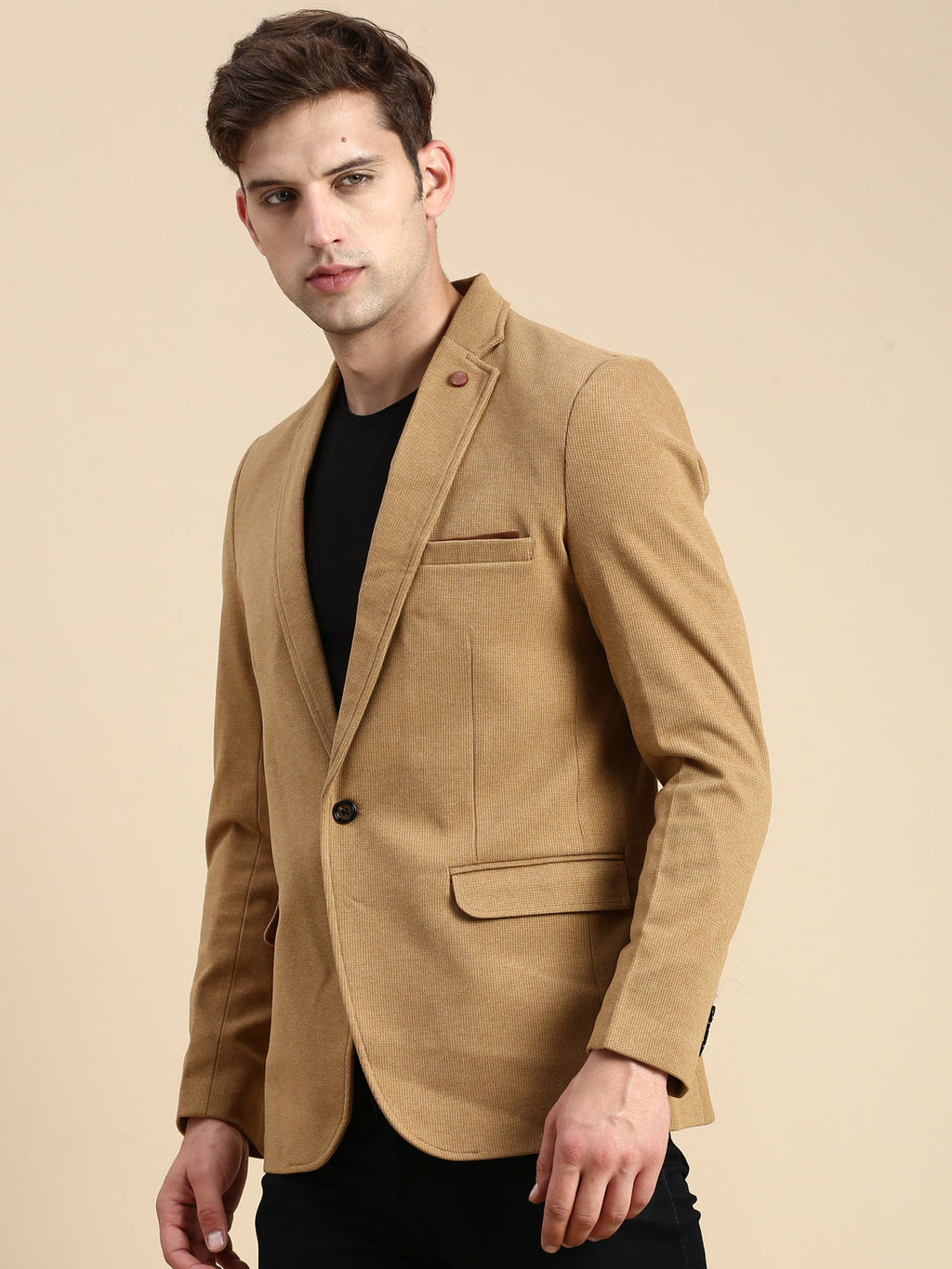 Men's Brown Solid Single Breasted Blazer