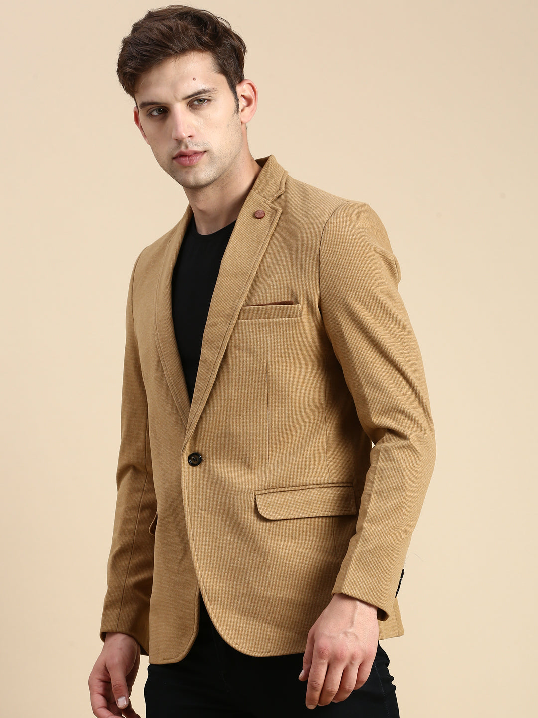Men's Brown Solid Single Breasted Blazer