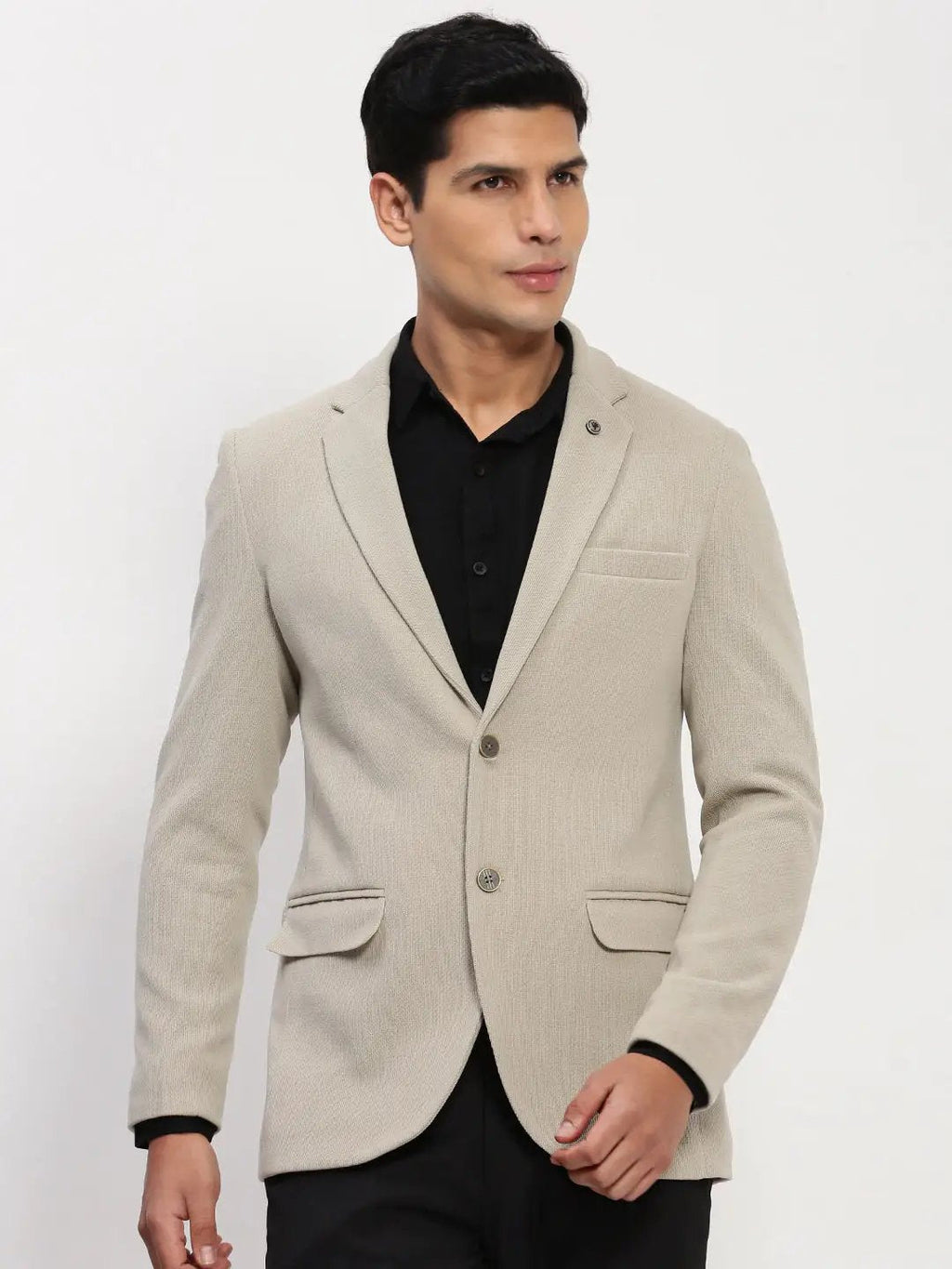 Men's Cream Solid Single Breasted Blazer