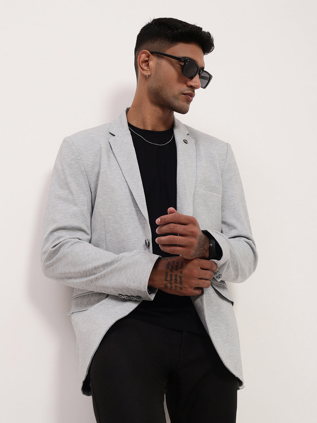 Men's Grey Slim-Fit Notched Lapel Single-Breasted Cotton Blazer