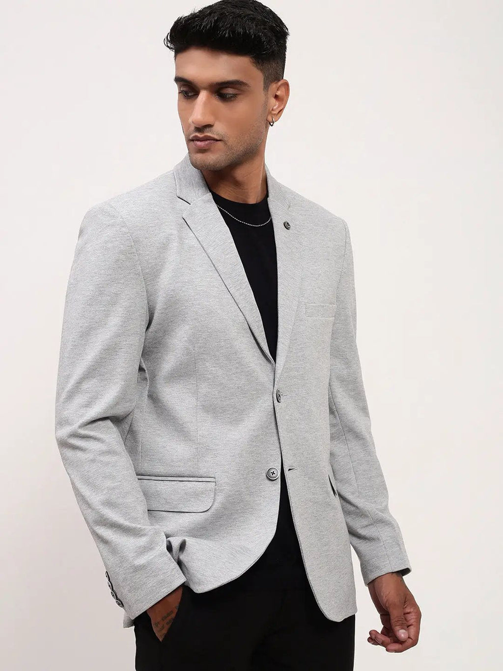 Men's Grey Solid Single Breasted Blazer