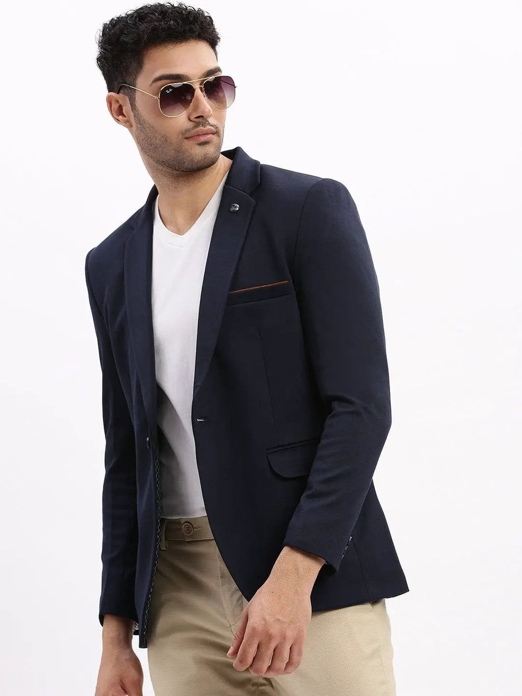 Men's Navy Blue Slim-Fit Single Breasted Notched Lapel Collar Cotton Casual Blazer