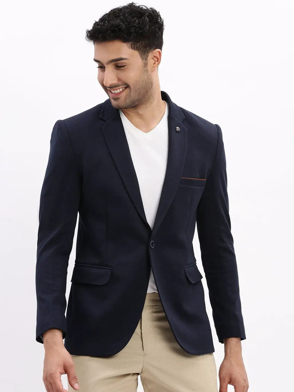 Men's Navy Blue Slim-Fit Single Breasted Notched Lapel Collar Cotton Casual Blazer