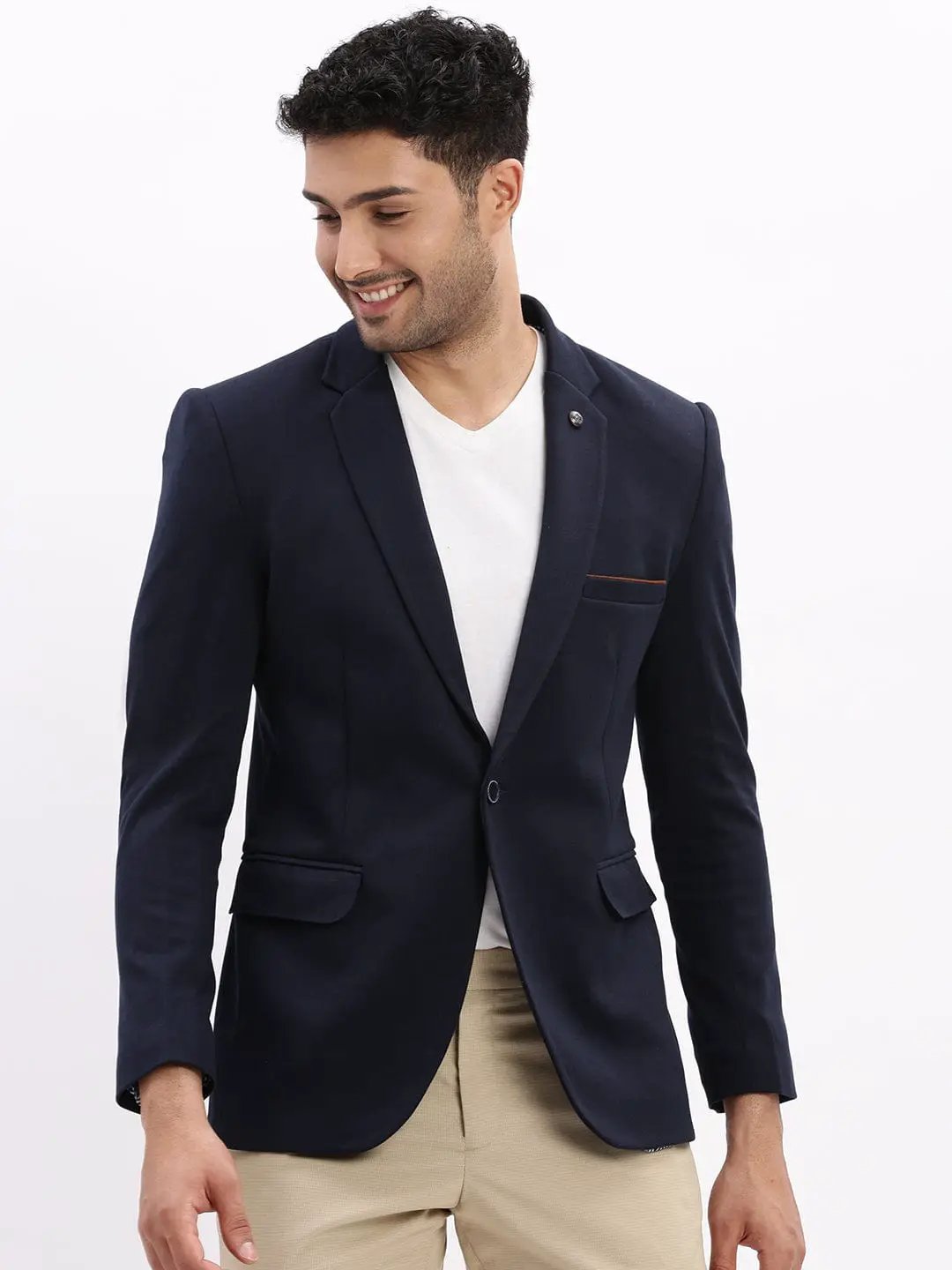 Men's Navy Blue Slim-Fit Single Breasted Notched Lapel Collar Cotton Casual Blazer