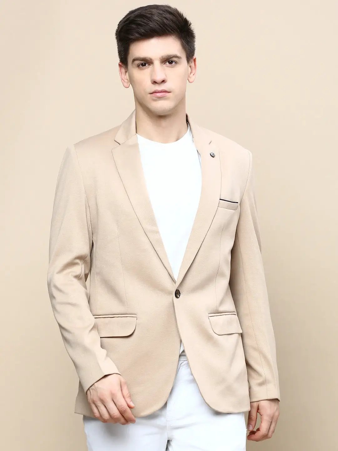 Men's Beige Notched Lapel Slim-Fit Single Breasted Blazer