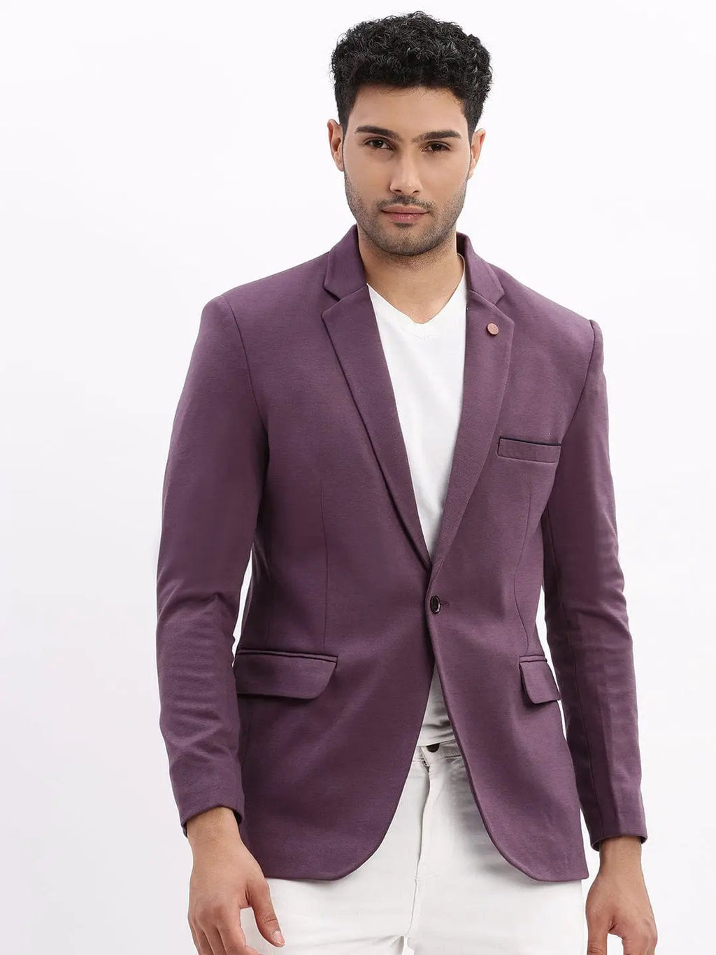 Men's Violet Slim-Fit Single Breasted Notched Lapel Collar Cotton Casual Blazer