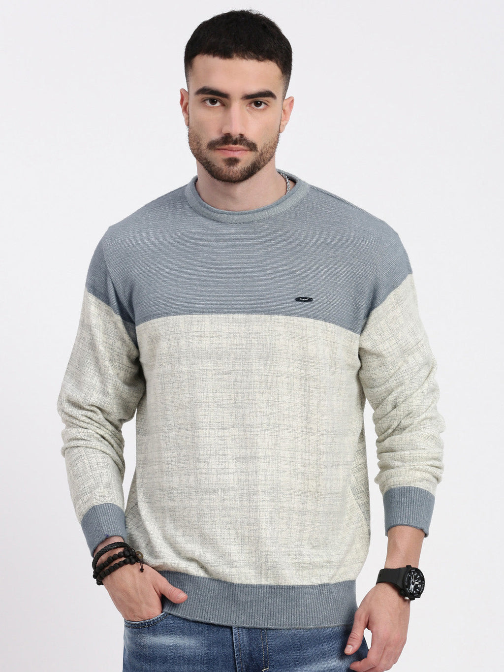 Men's Grey Colourblocked Sweater