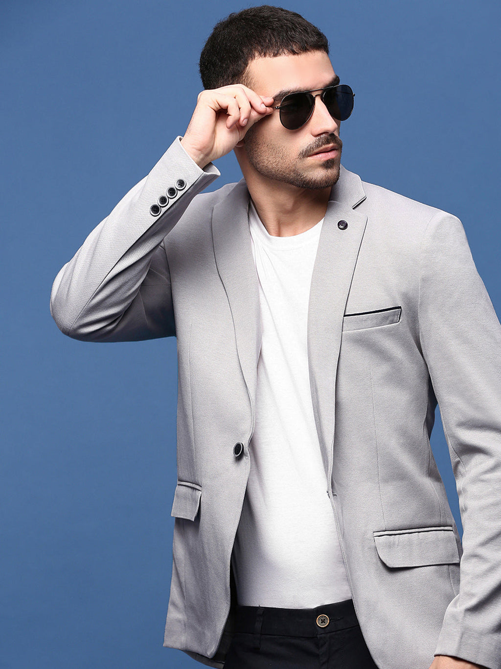 Men's Grey Slim-Fit Single-Breasted Cotton Blazer