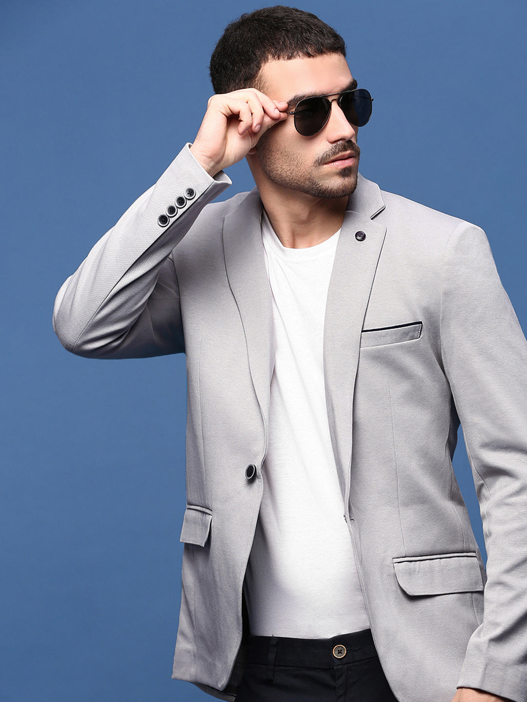Men's Grey Slim-Fit Single-Breasted Cotton Blazer