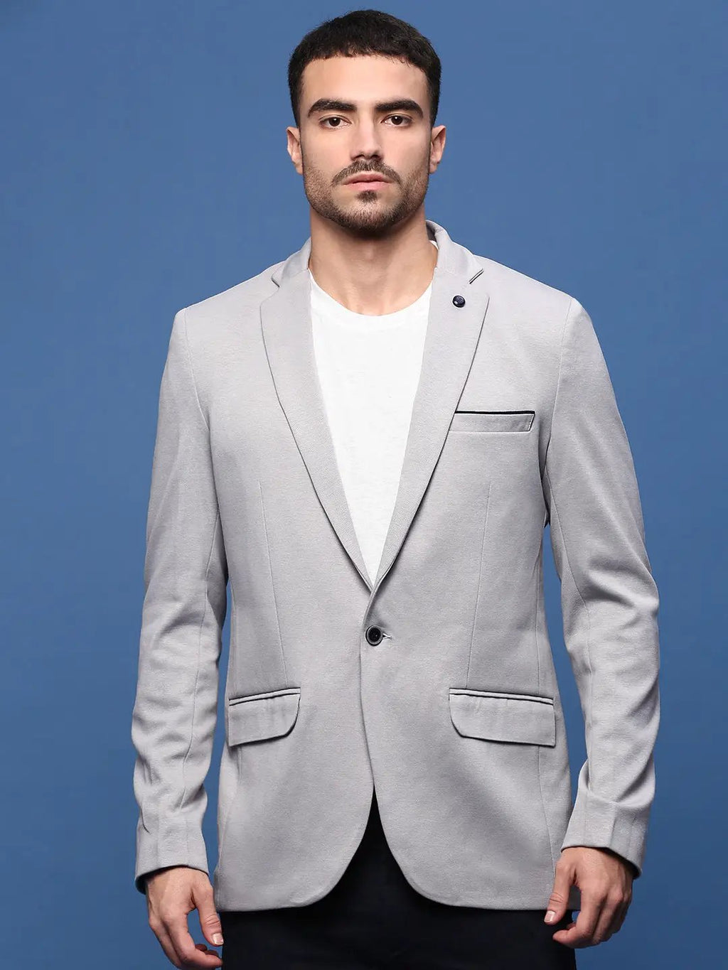 Men's Grey Slim-Fit Single-Breasted Cotton Blazer