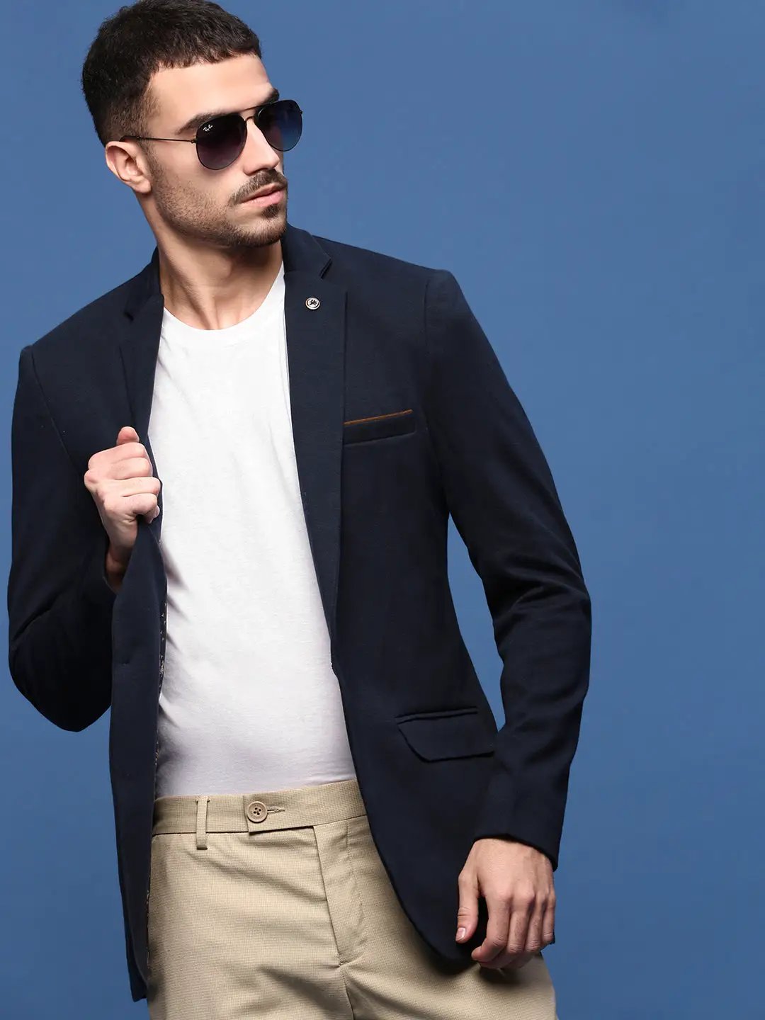 Men's Navy Blue Slim Fit Single Breasted Notched Lapel Collar Cotton Blazers