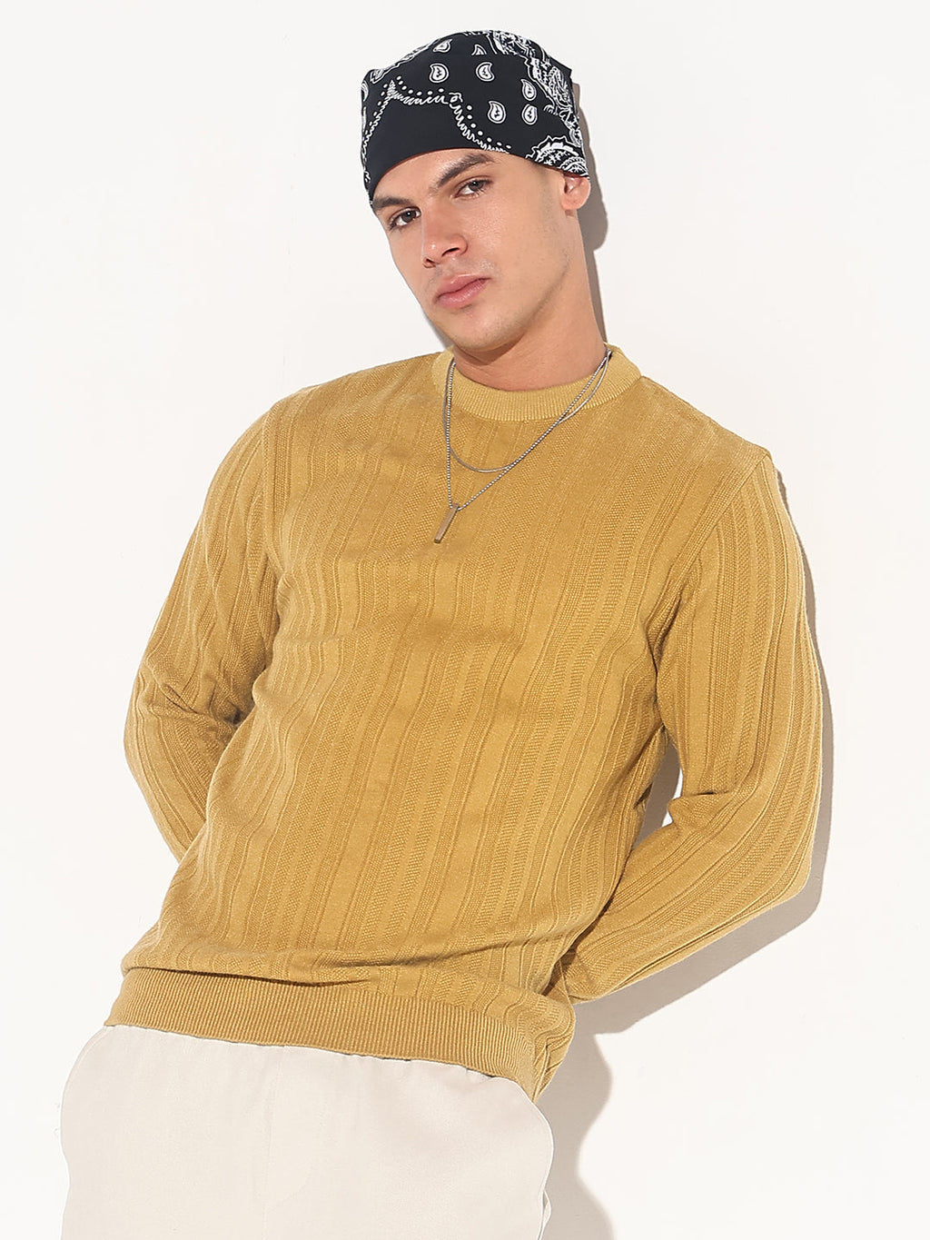 Men's Mustard Ribbed Round Neck Sweater
