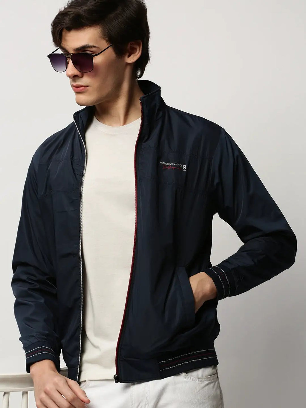 Men's Navy Blue Mock Collar Bomber Jacket