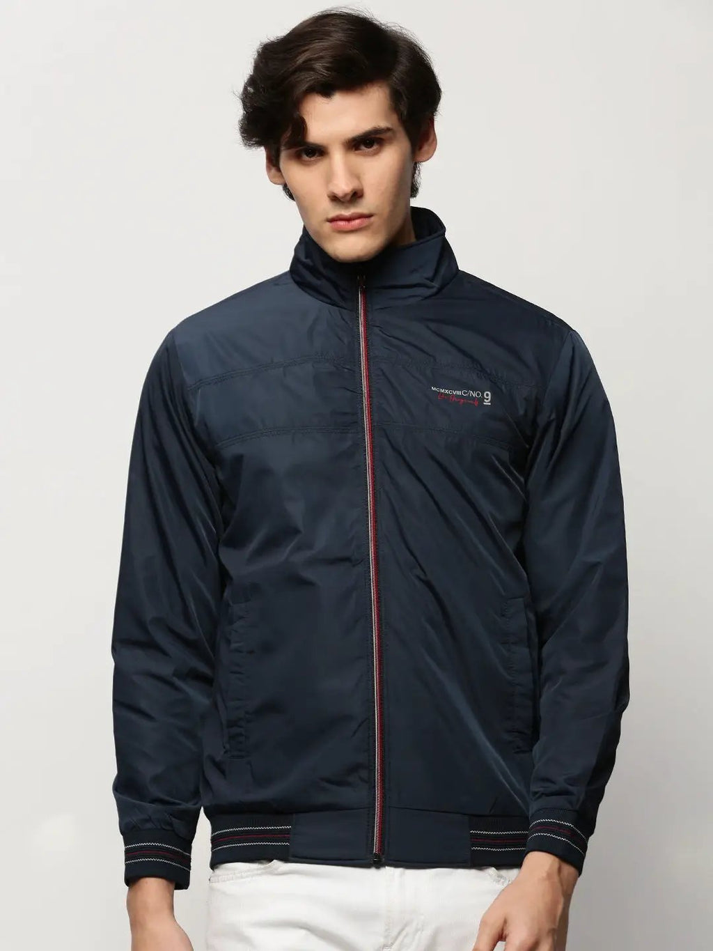 Men's Navy Blue Mock Collar Bomber Jacket