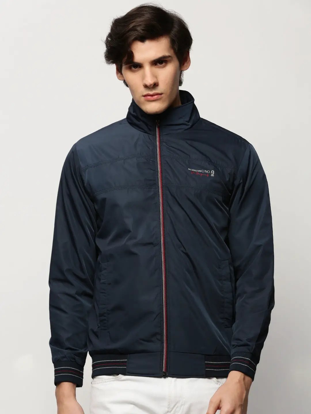 Men's Navy Blue Mock Collar Bomber Jacket