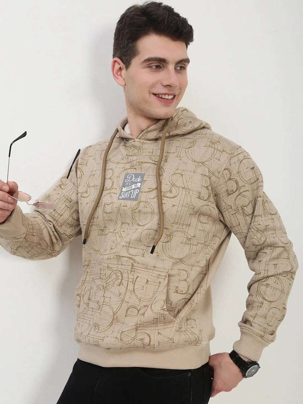 Men's Beige Typography Hooded Pullover Sweatshirt