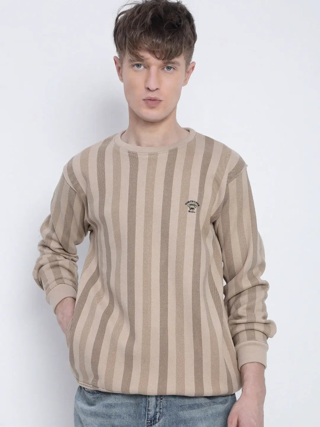 Men's Striped Beige Round Neck Sweatshirt