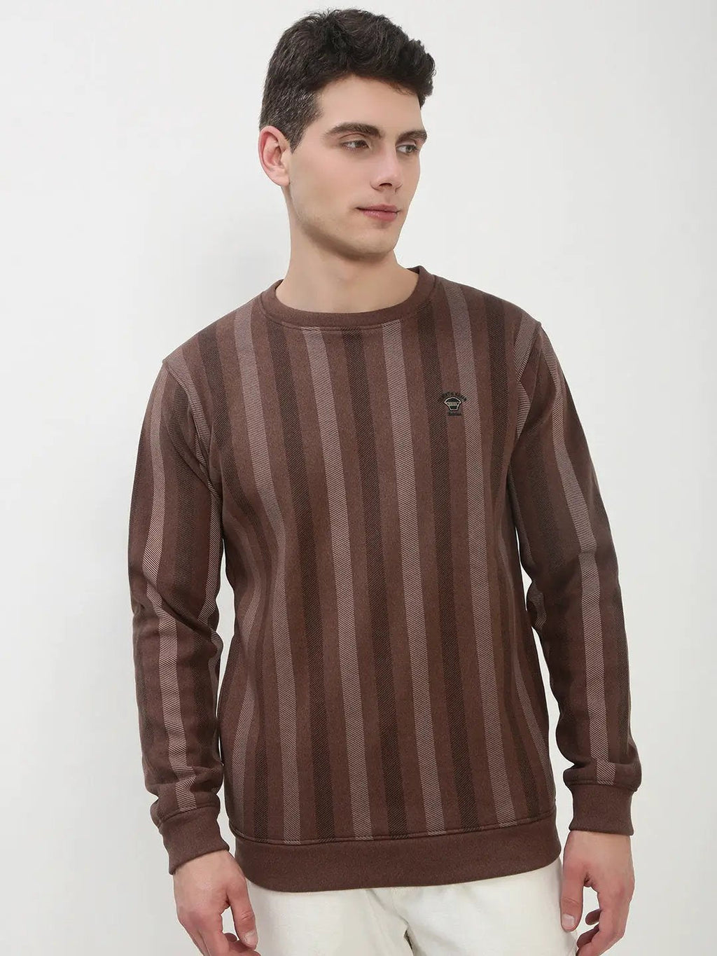 Men's Brown Striped Round Neck Casual Pullover Sweatshirt