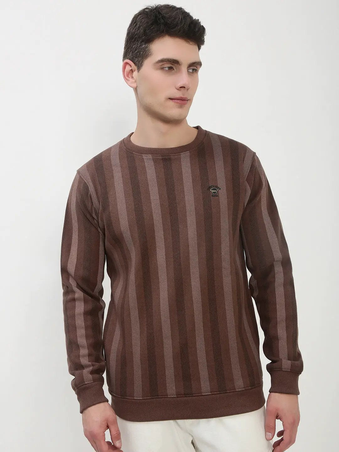 Men's Brown Striped Round Neck Casual Pullover Sweatshirt