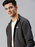 Men's Grey Solid Bomber with Patchwork Jacket