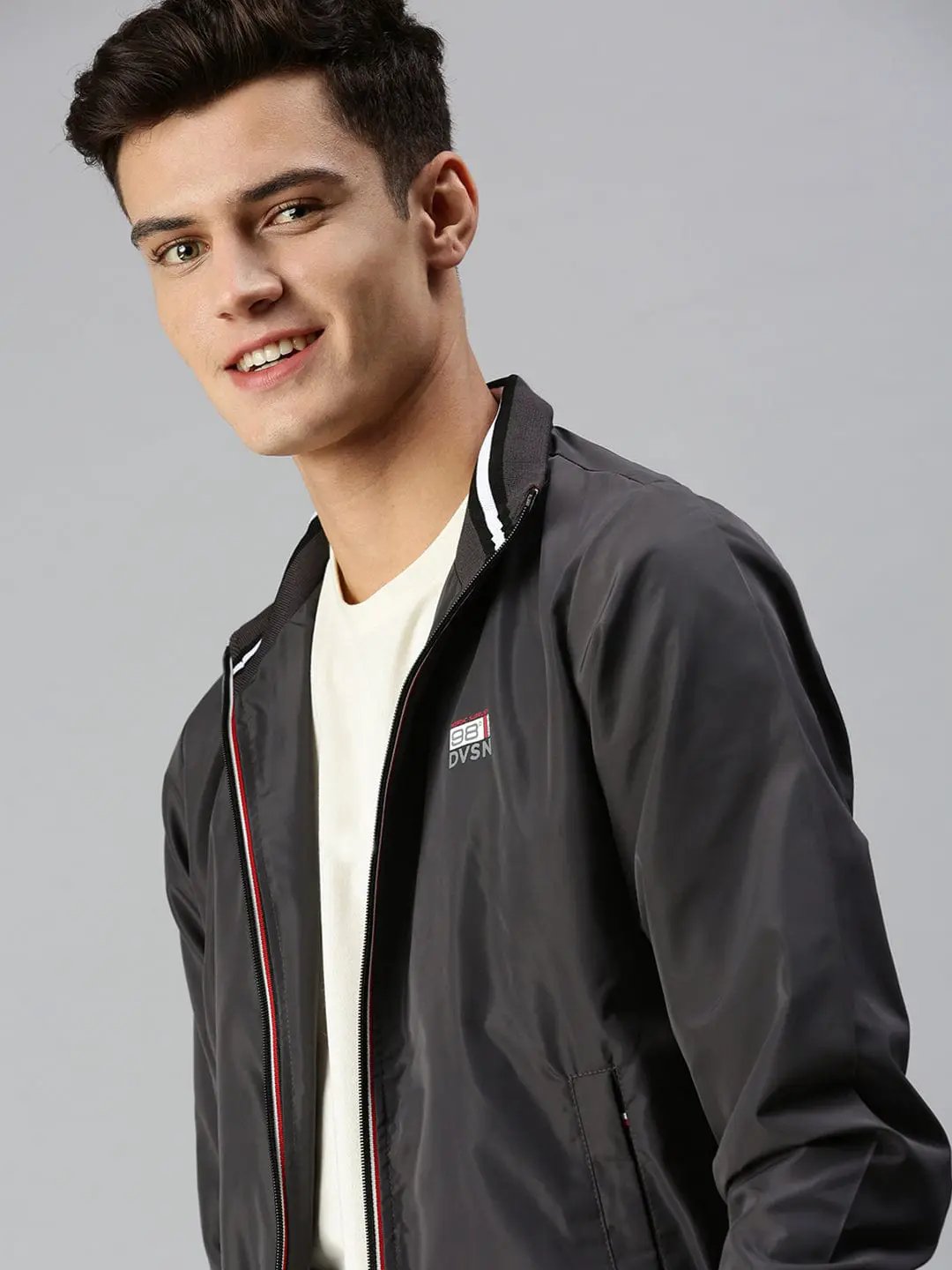Men's Grey Solid Bomber with Patchwork Jacket