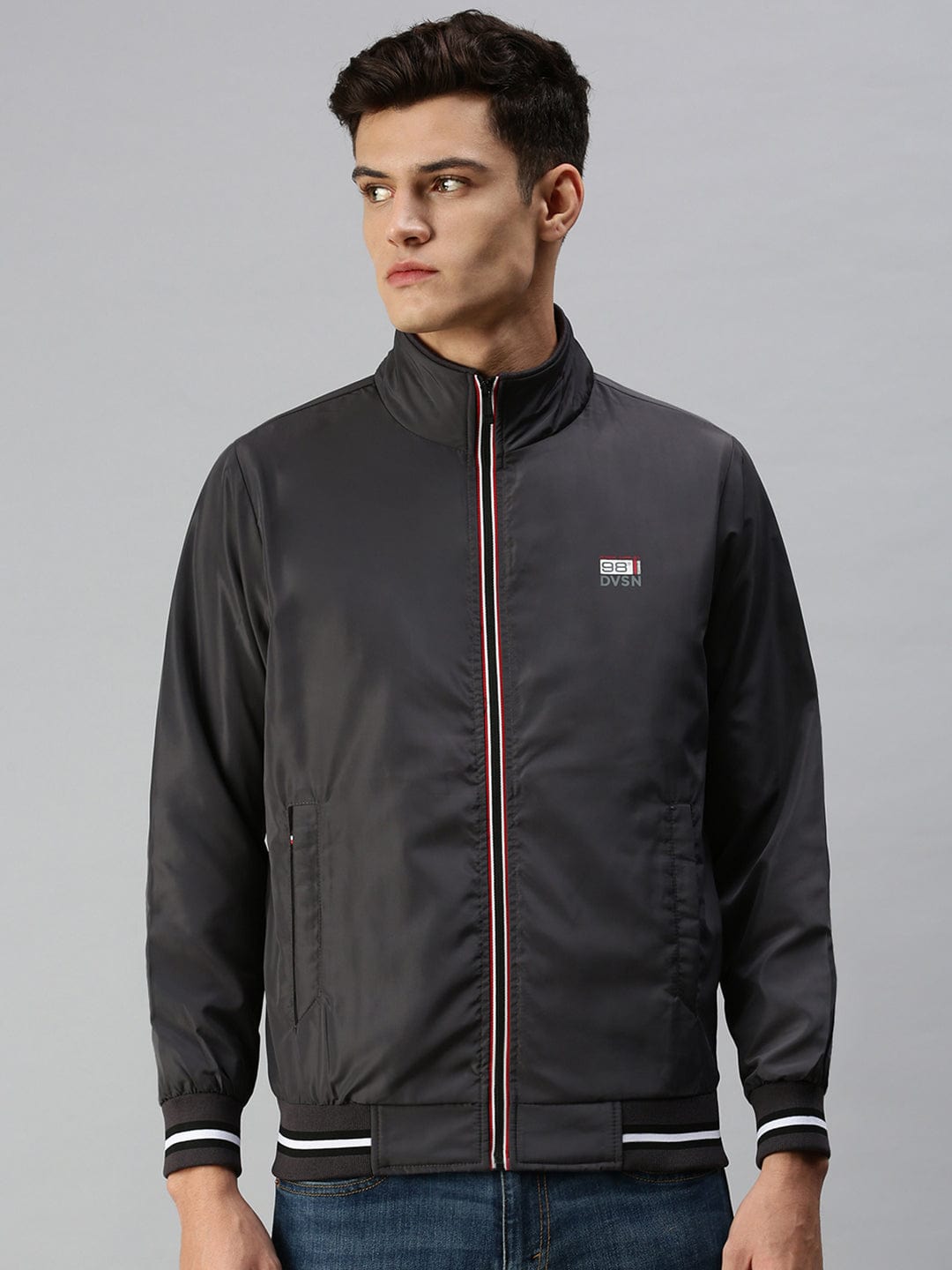 Men's Grey Solid Bomber with Patchwork Jacket