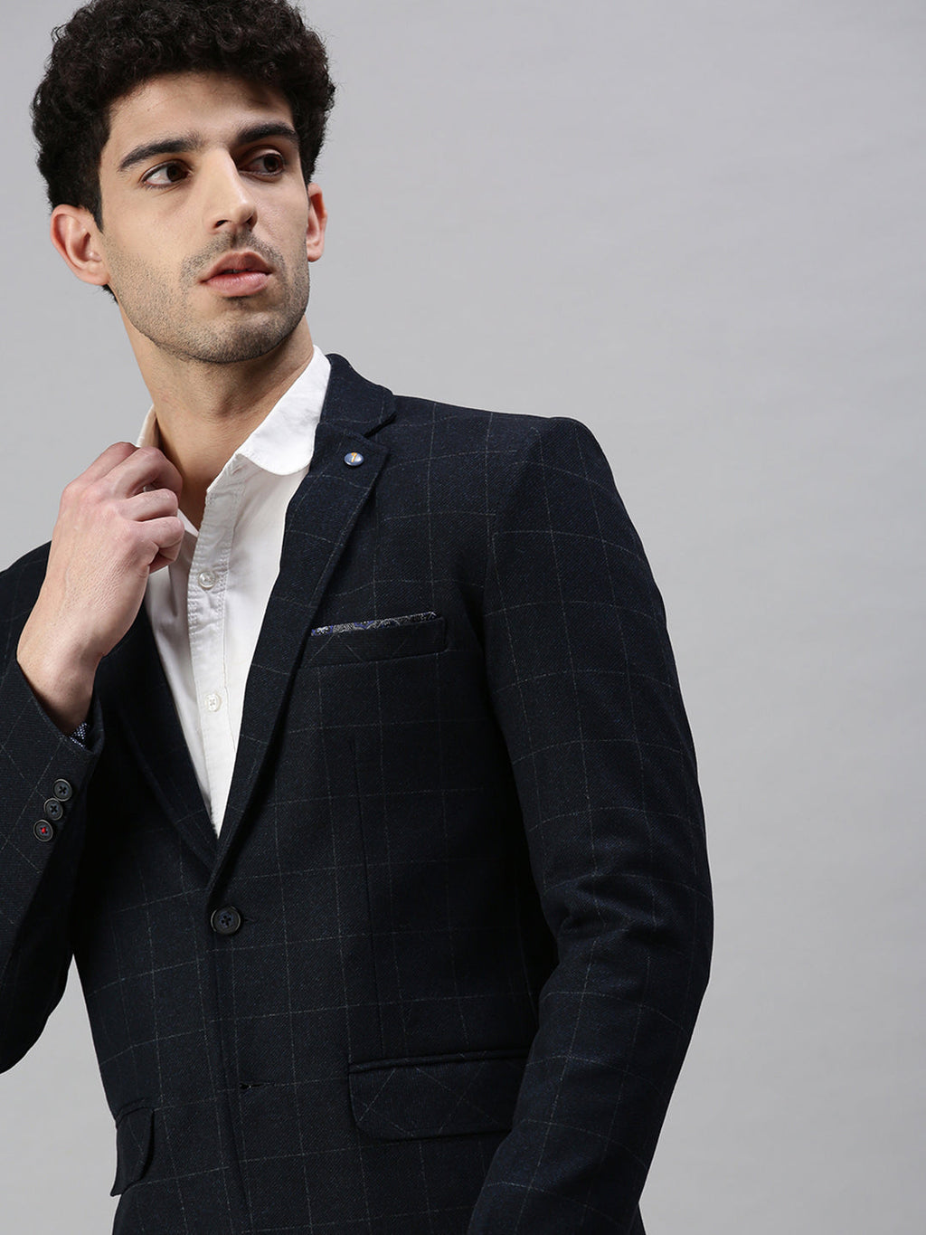 Men's Navy Blue Solid Slim-Fit Single-Breasted Formal Blazers