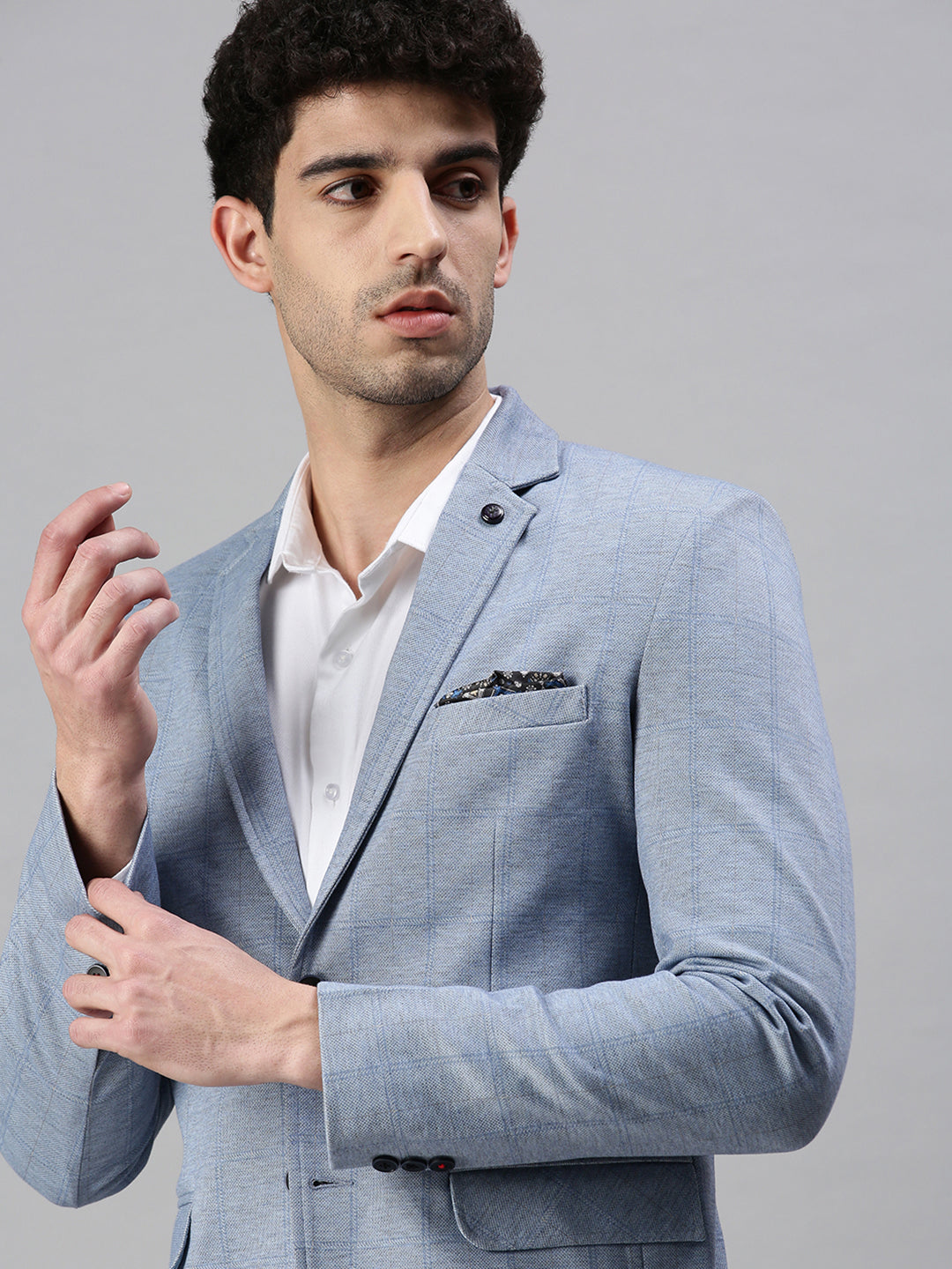 Men's Blue Checked Slim Fit Single Breasted Casual Blazer