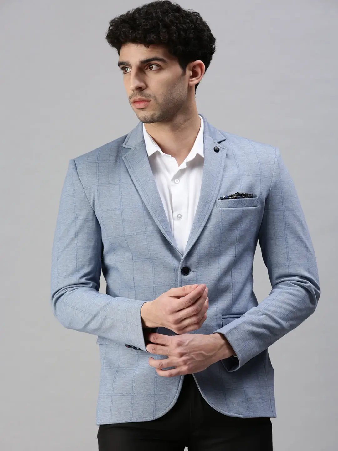 Men's Blue Checked Slim Fit Single Breasted Casual Blazer