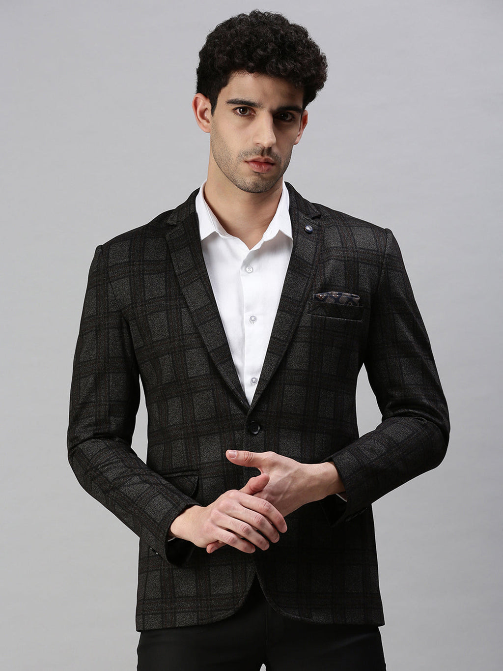 Men's Black Checked Single-Breasted Slim-Fit Formal Blazer