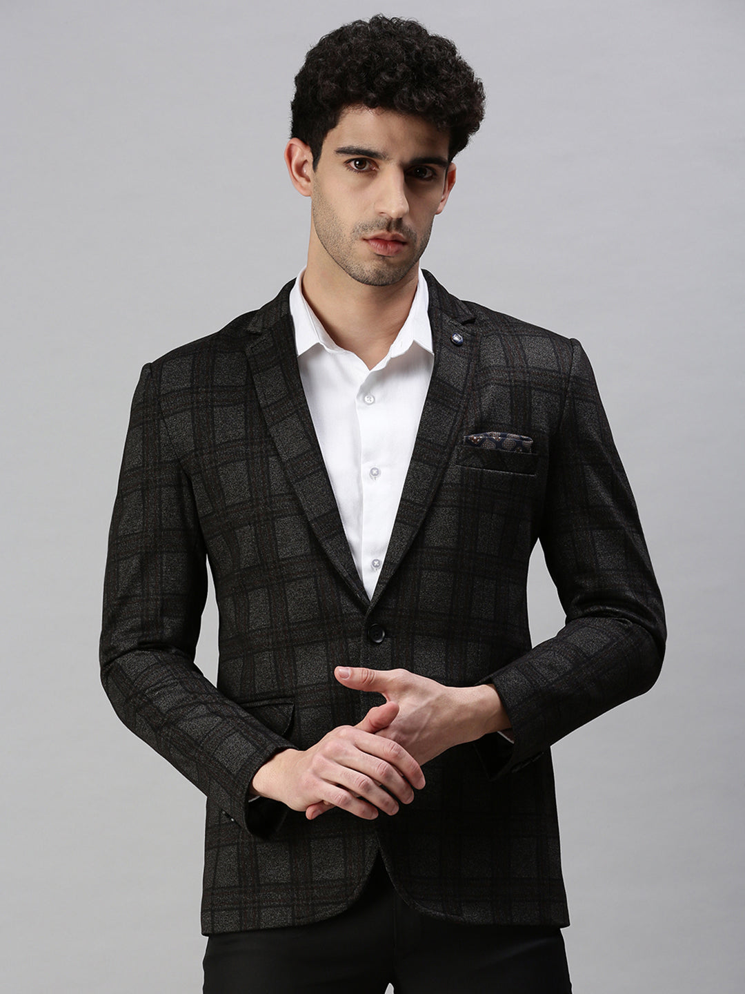 Men's Black Checked Single-Breasted Slim-Fit Formal Blazer