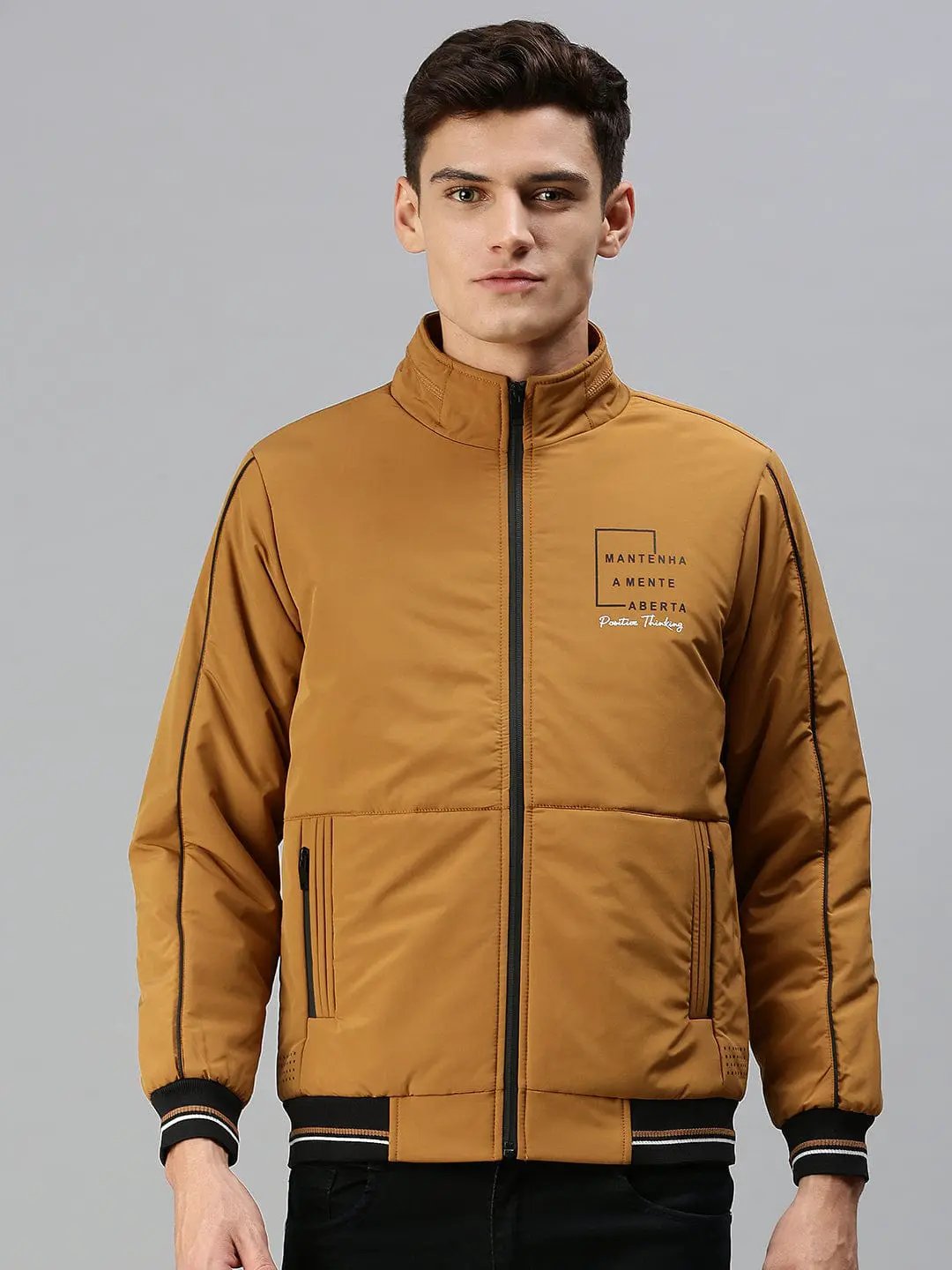 Men's Mustard Solid Tailored Jacket with Patchwork