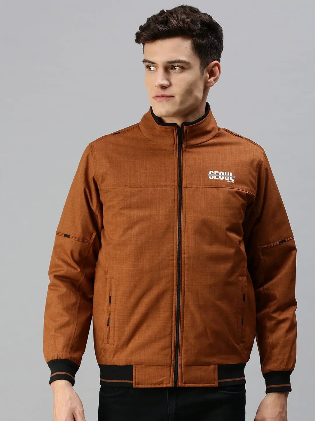 Men's Brown Typography Bomber Jacket
