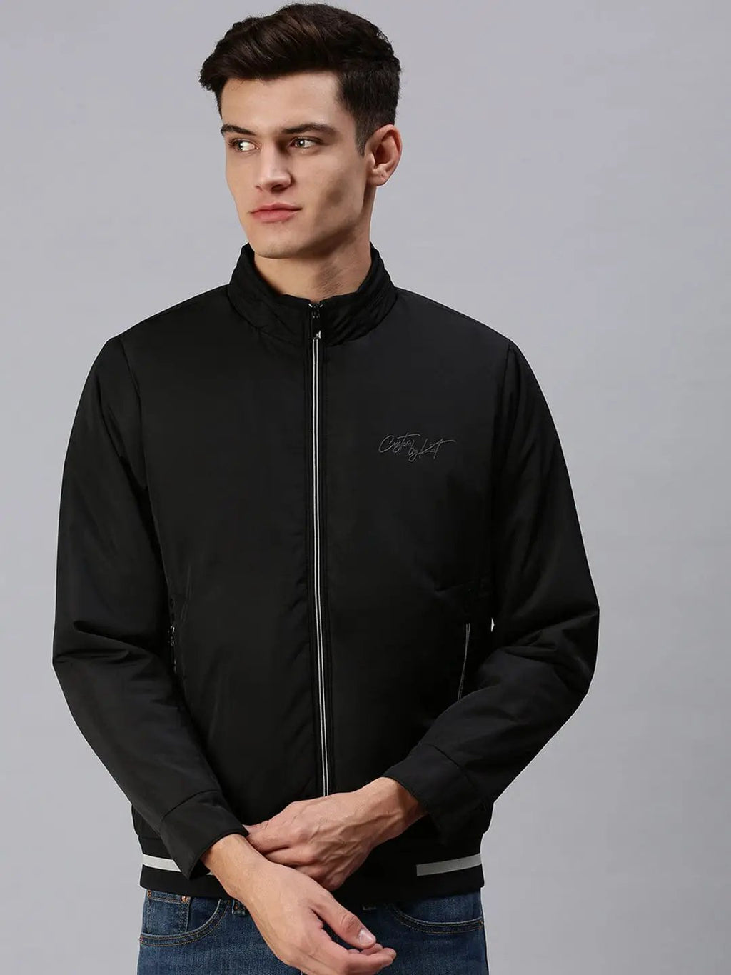 Men's Black Geometric Bomber with Patchwork Jacket