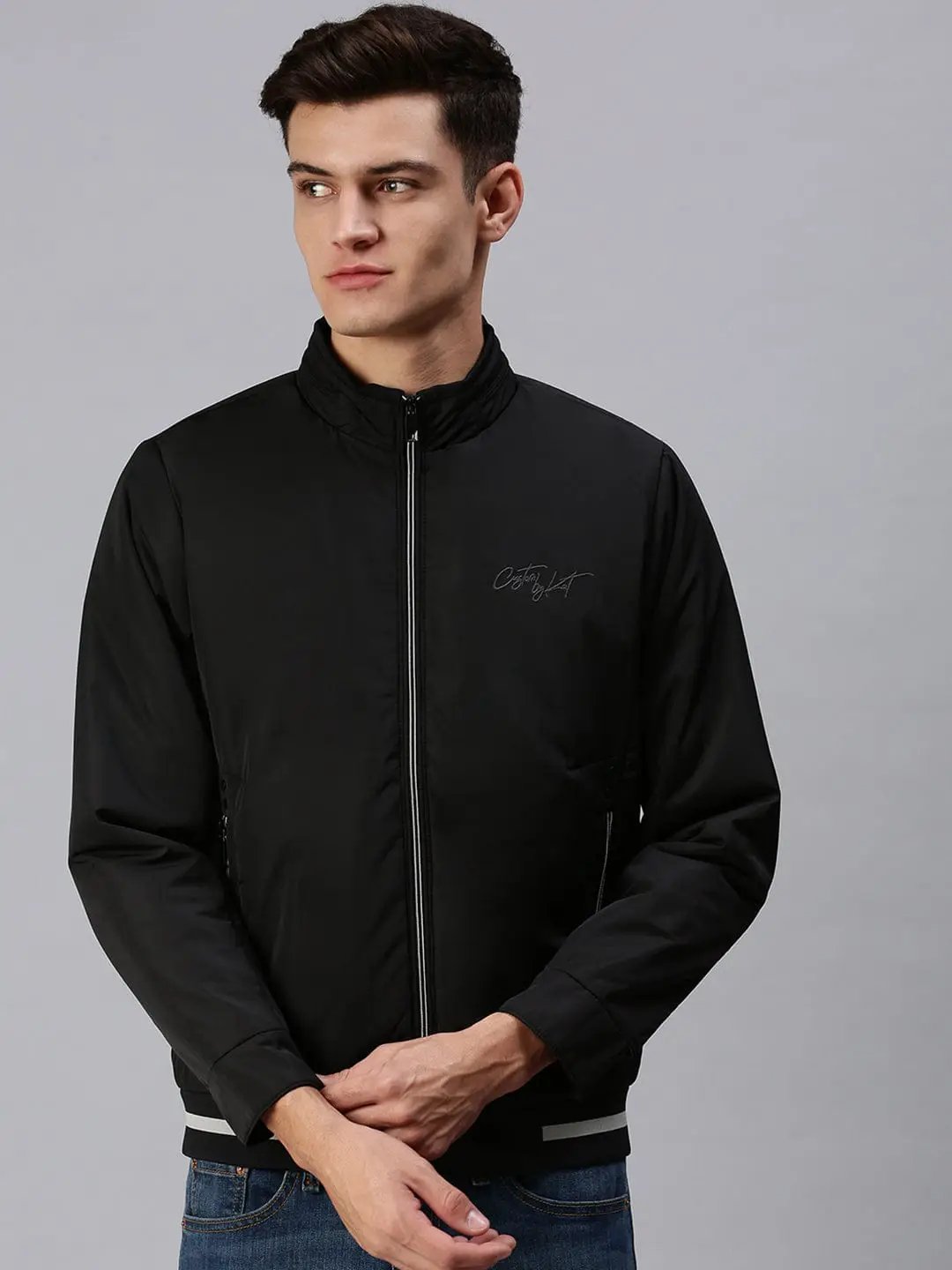Men's Black Geometric Bomber with Patchwork Jacket