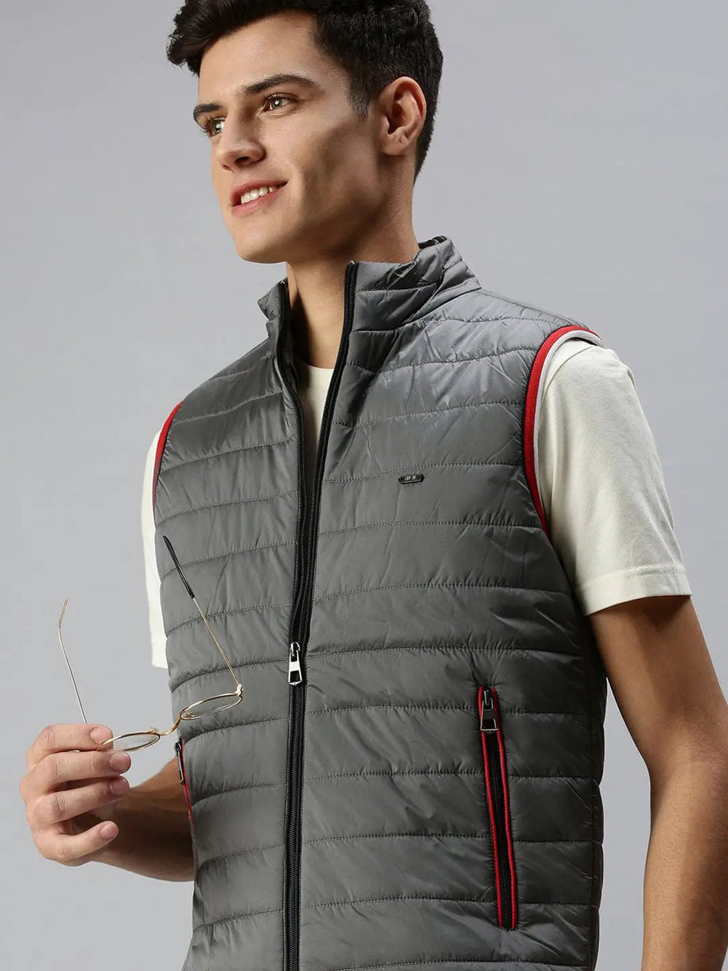 Men's Solid Grey Casual Padded Jacket