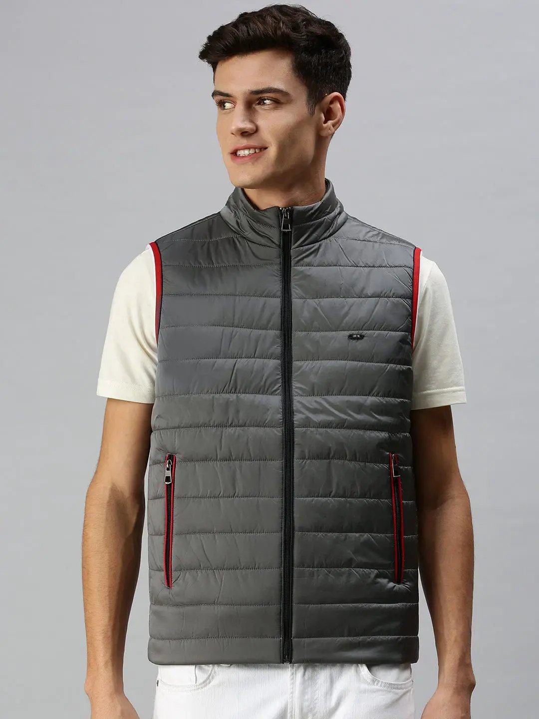 Men's Solid Grey Casual Padded Jacket