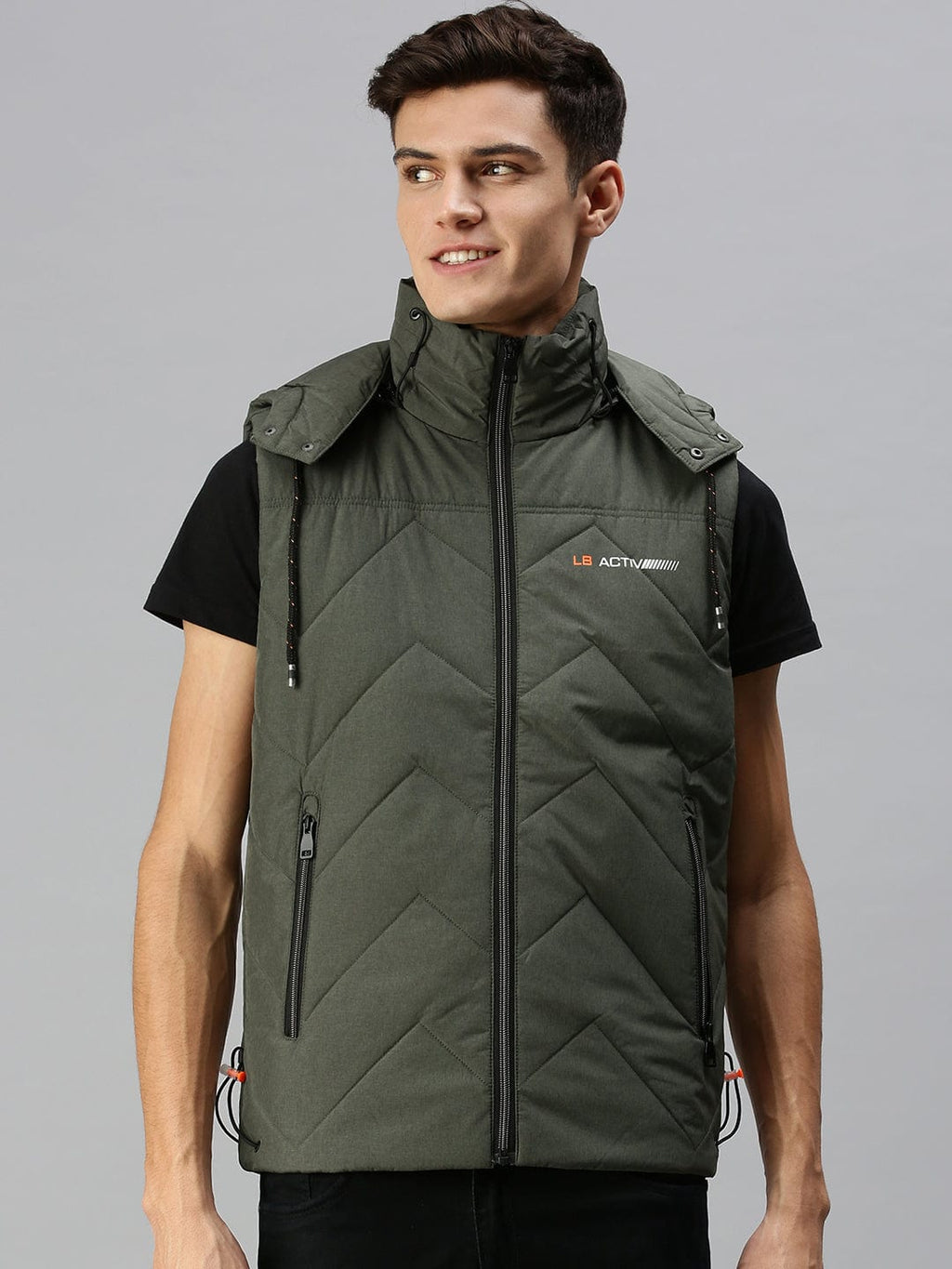 Men's Hooded Solid Green Padded Jacket