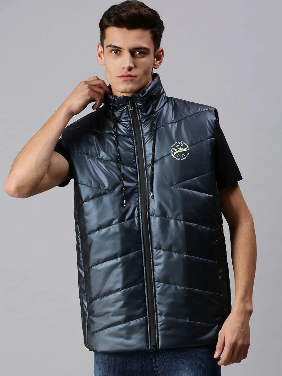 Men's Blue Lightweight Bomber with Patchwork Jacket