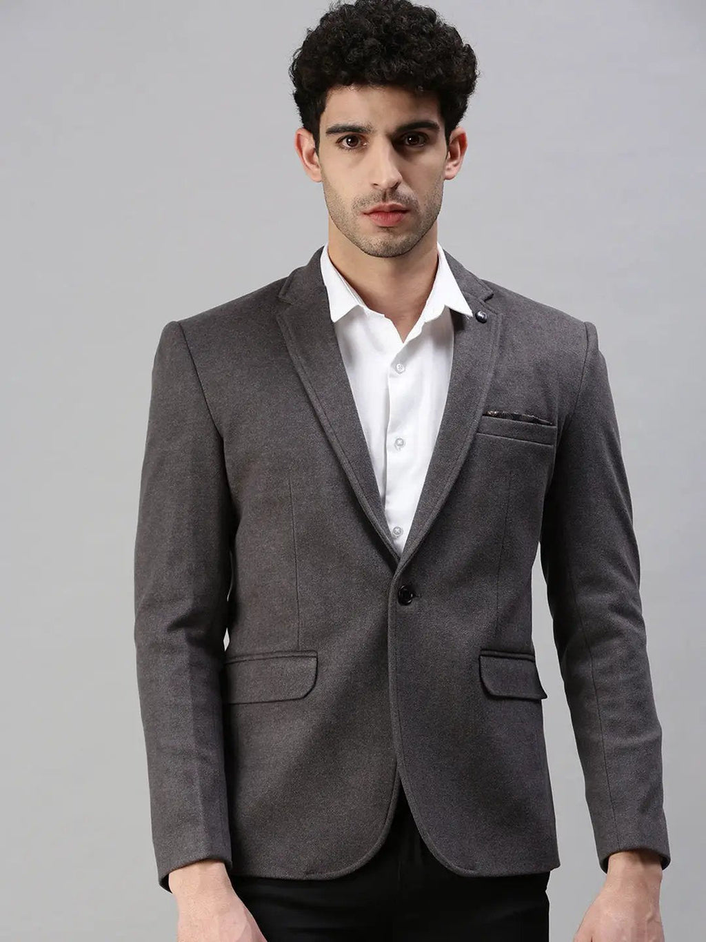 Men's Grey Solid Slim-Fit Single-Breasted Blazer