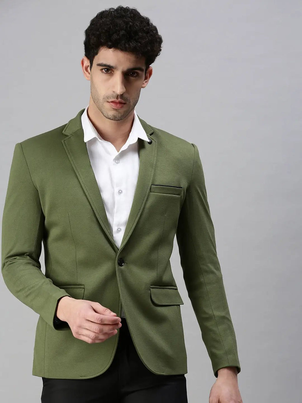 Men's Green Solid Casual Single Breasted Blazer