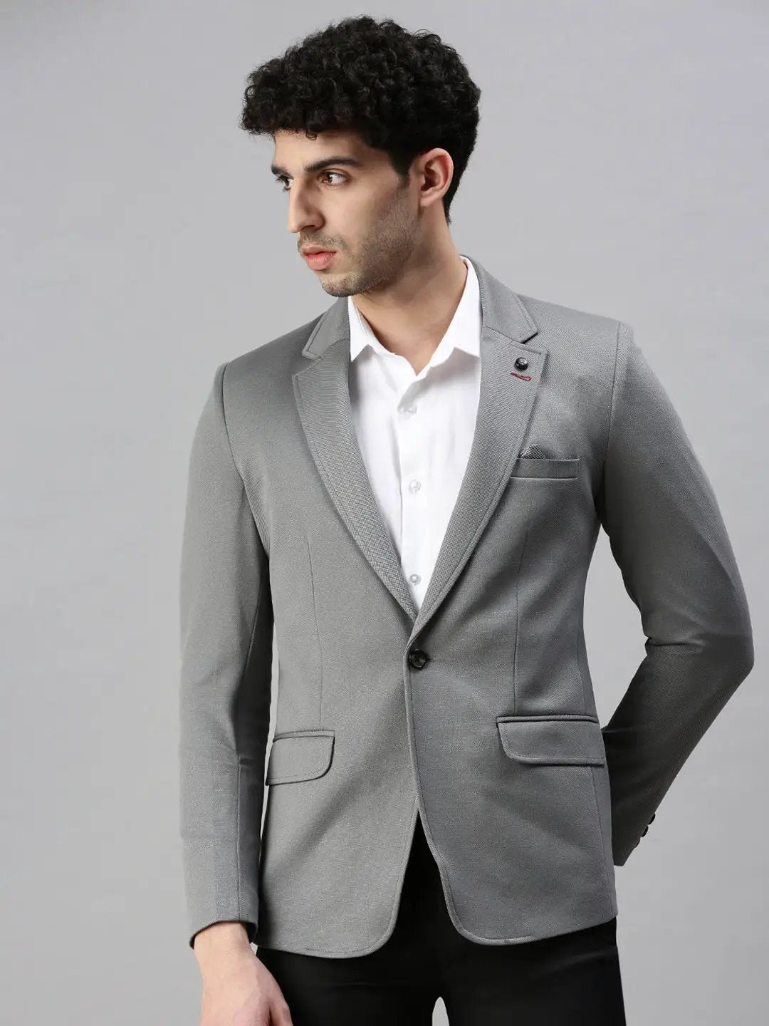 Men's Grey Solid Slim-Fit Single-Breasted Blazers