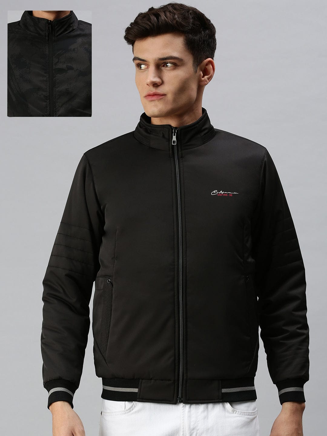 Men's Black Camouflage Reversible Puffer Jacket with Patchwork