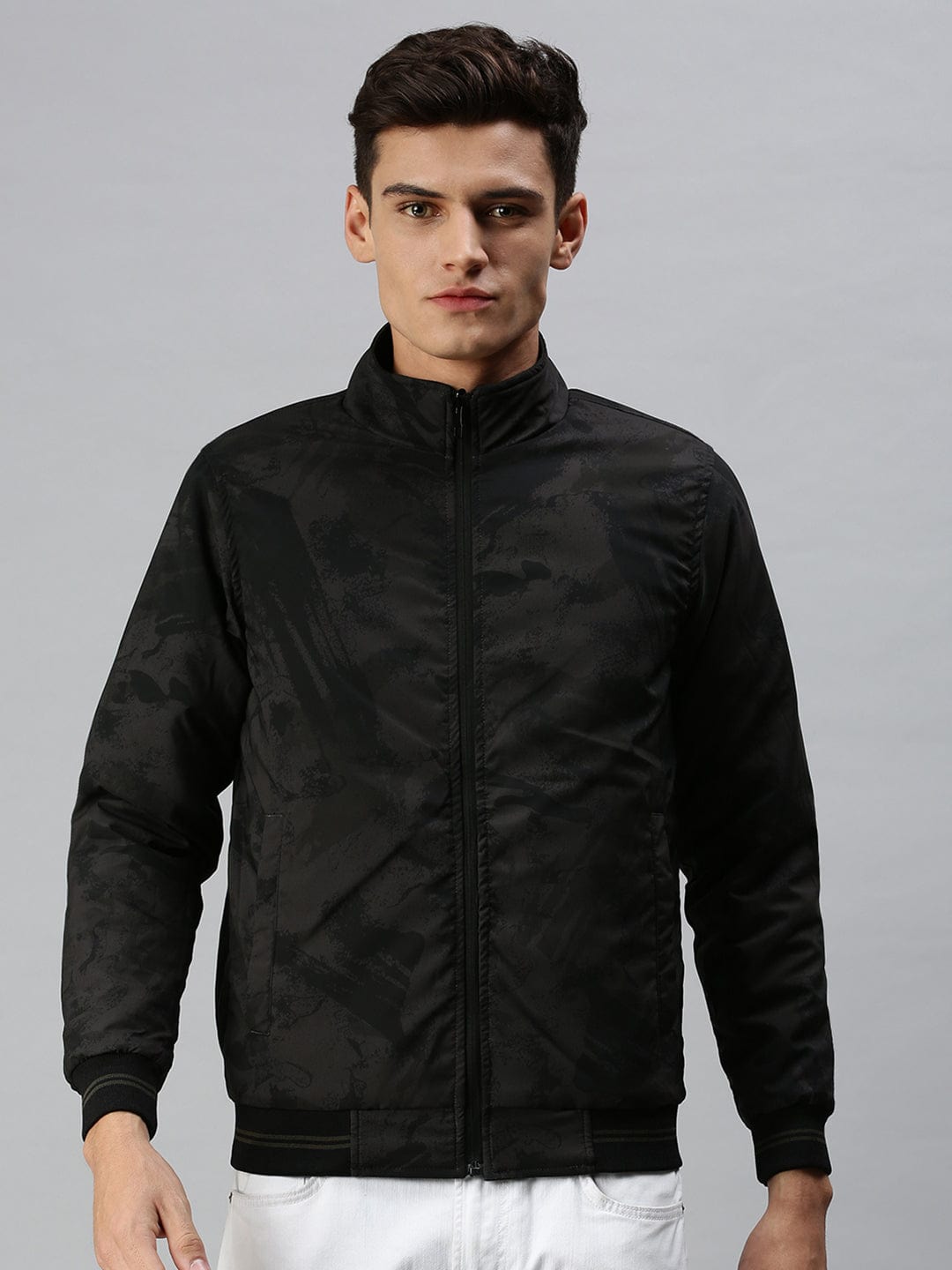 Men's Black Camouflage Reversible Puffer Jacket with Patchwork