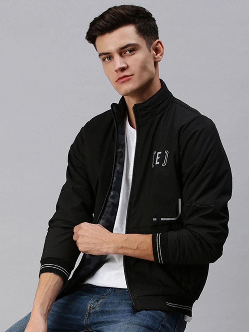 Men's Printed Black Open Front Jacket