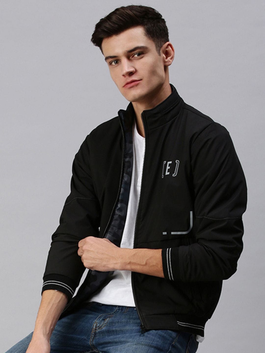 Men's Printed Black Open Front Jacket